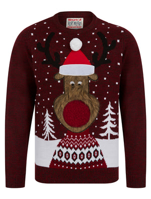 Men's Deerer Motif Novelty Christmas Jumper in Christmas Red / Charcoal Twist - Merry Christmas