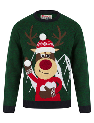 Men's Christmas Mountain Motif Novelty Christmas Jumper in Christmas Green / Ink Twist - Merry Christmas