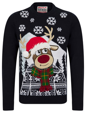 Men's Snow Deer Motif Novelty Christmas Jumper in Ink - Merry Christmas