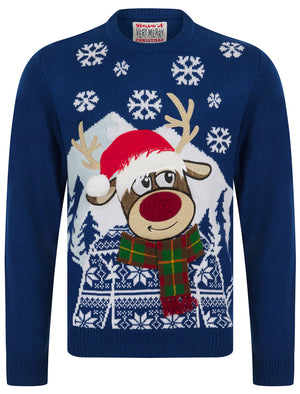 Men's Snow Deer Motif Novelty Christmas Jumper in Sapphire Blue - Merry Christmas