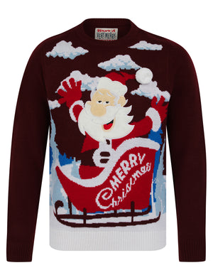 Men's Christmas Santa Motif Novelty Knitted Christmas Jumper in Claret - Merry Christmas