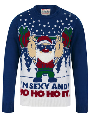 Men's Ho Ho Ho It Motif Novelty Knitted Christmas Jumper in Sapphire Blue - Merry Christmas