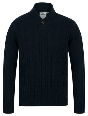 Parallax Wool Blend Shawl Neck Cable Knit Jumper in Sky Captain Navy - Tokyo Laundry