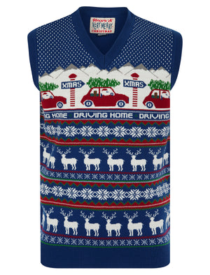 Men's Christmas Home Motif Novelty Knitted Christmas V-Neck Sleeveless Tank Top in Sapphire Blue - Merry Christmas