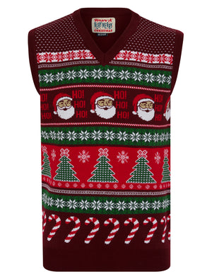 Men's Candy Tree Motif Novelty Knitted Christmas V-Neck Sleeveless Tank Top in Claret - Merry Christmas