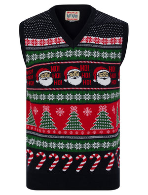 Men's Candy Tree Motif Novelty Knitted Christmas V-Neck Sleeveless Tank Top in Ink - Merry Christmas