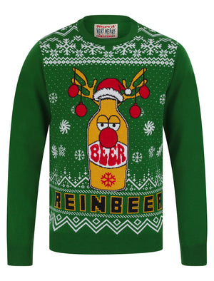 Men's Beer Novelty Knitted Christmas Jumper in Christmas Green - Merry Christmas