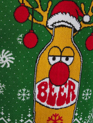 Men's Beer Novelty Knitted Christmas Jumper in Christmas Green - Merry Christmas