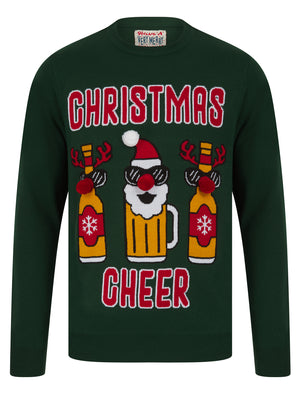 Men's Christmas Cheer Novelty Knitted Christmas Jumper in Holly Green - Merry Christmas