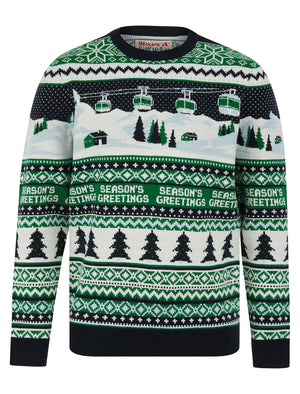 Men's Cable Car Jacquard Nordic Fair Isle Christmas Jumper in Ink - Merry Christmas