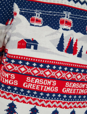 Men's Cable Car Jacquard Nordic Fair Isle Christmas Jumper in Sapphire Blue - Merry Christmas