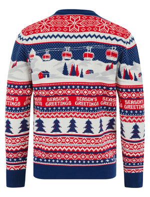 Men's Cable Car Jacquard Nordic Fair Isle Christmas Jumper in Sapphire Blue - Merry Christmas