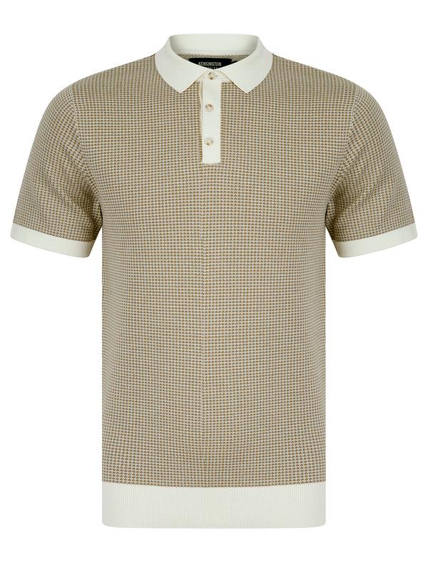 Sear Textured Jacquard Weave Knitted Cotton Polo Shirt in Sea Salt - Kensington Eastside