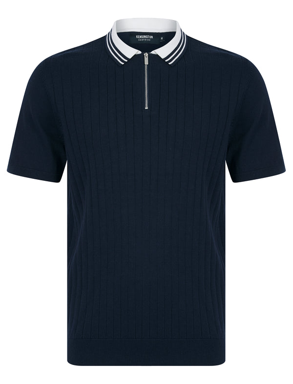 Finan Cotton Blend Knitted Textured Stripe Polo Shirt with Zip Fasten Collar in Evening Dusk - Kensington Eastside