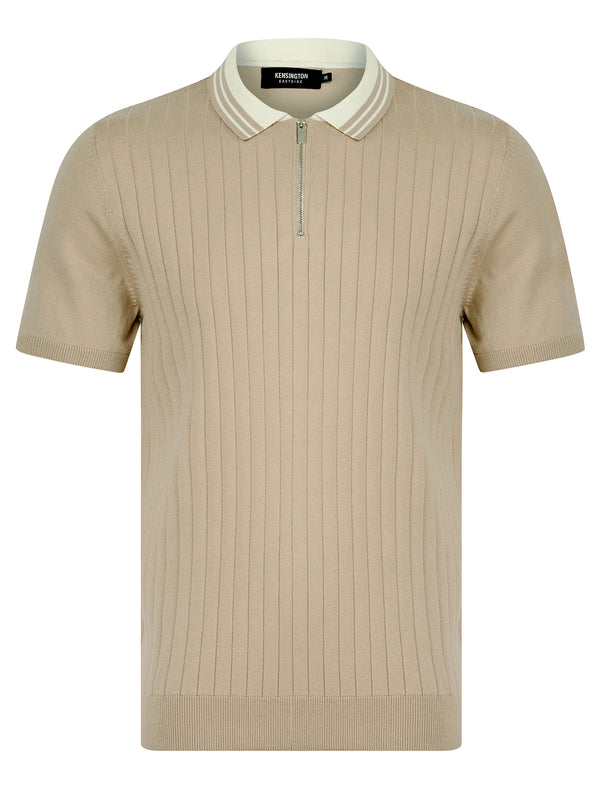 Finan Cotton Blend Knitted Textured Stripe Polo Shirt with Zip Fasten Collar in String Taupe - Kensington Eastside