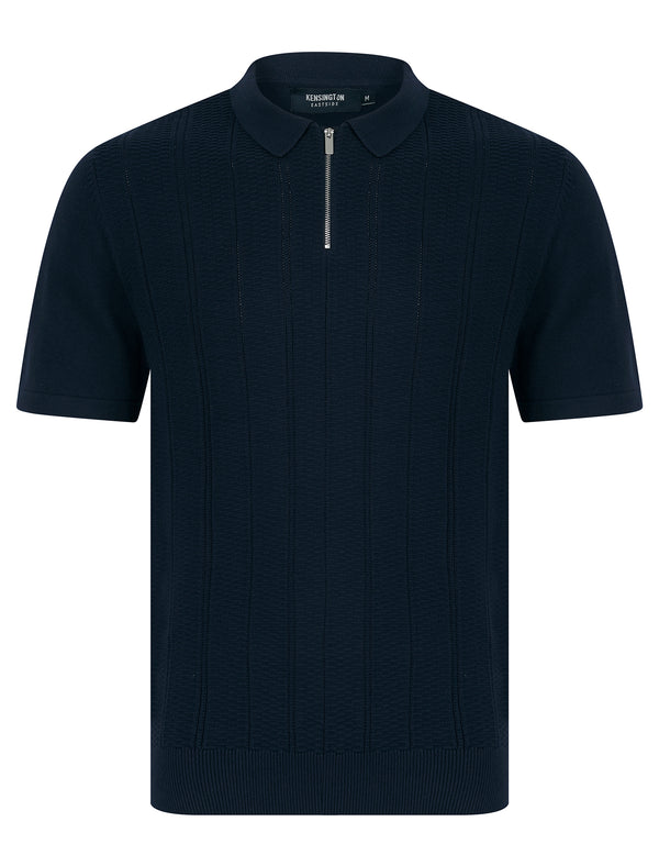 Harvers Knitted Cotton Textured Stripe Polo Shirt with Zip Fasten Collar in Evening Dusk - Kensington Eastside
