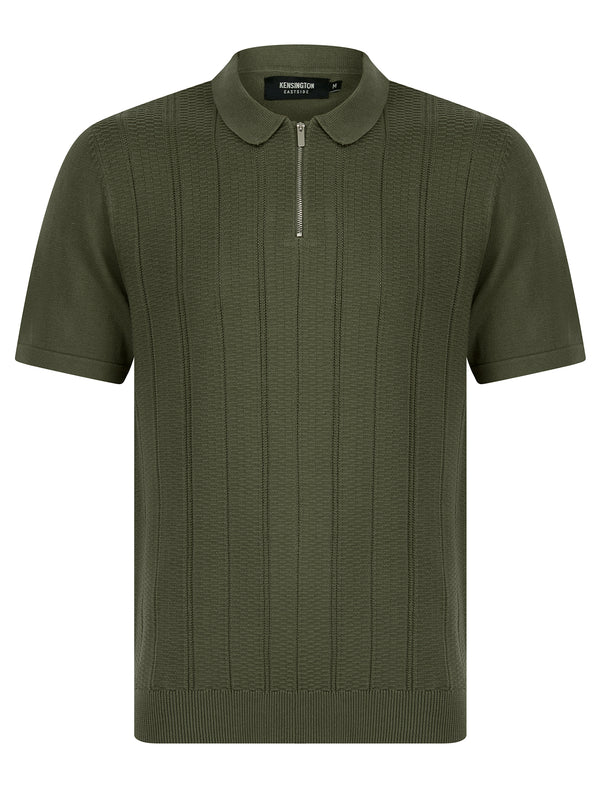 Harvers Knitted Cotton Textured Stripe Polo Shirt with Zip Fasten Collar in Khaki - Kensington Eastside