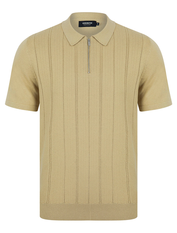 Harvers Knitted Cotton Textured Stripe Polo Shirt with Zip Fasten Collar in Fields of Rye - Kensington Eastside