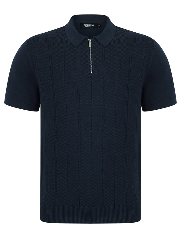 Harvers Knitted Cotton Textured Stripe Polo Shirt with Zip Fasten Collar in Mood Indigo - Kensington Eastside