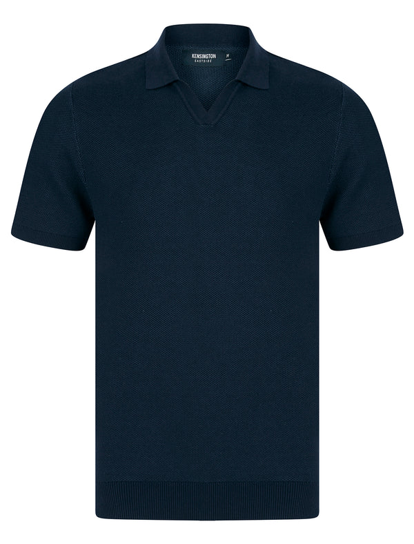 Goodwins Textured Weave Knitted Cotton Open Collar Polo Shirt in Evening Dusk - Kensington Eastside