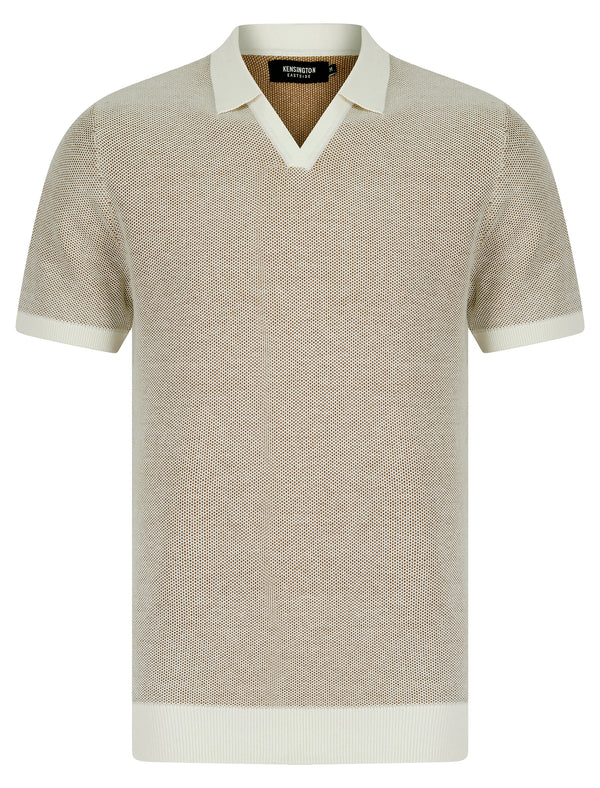 Goodwins Textured Weave Knitted Cotton Open Collar Polo Shirt in Laundered Ecru - Kensington Eastside