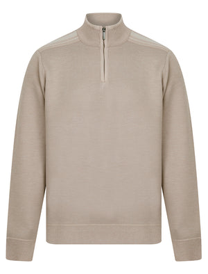 Denzel Knit Lined Quarter Zip Funnel Neck Knitted Jumper in Beige - Kensington Eastside