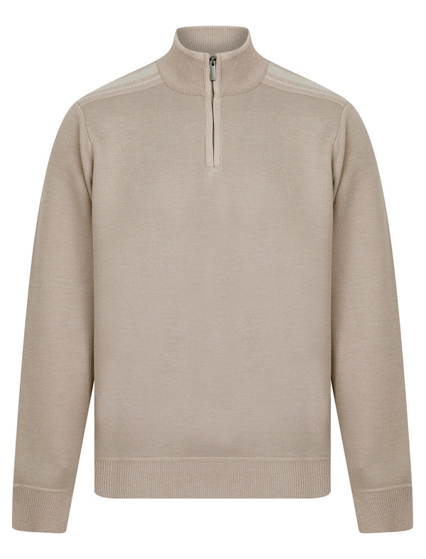 Denzel Knit Lined Quarter Zip Funnel Neck Knitted Jumper in Beige - Kensington Eastside