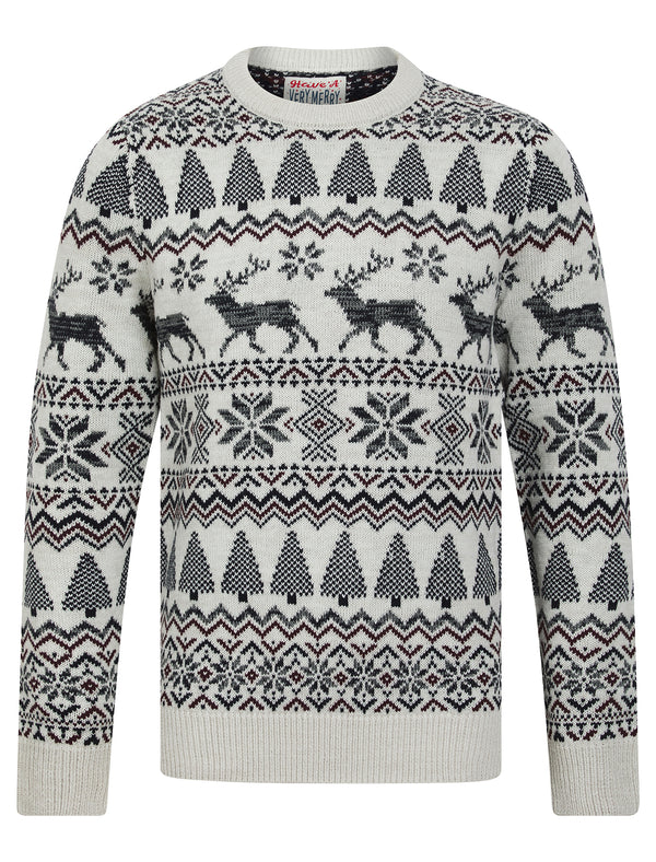 Men's Oatgrey Jacquard Nordic Fair isle Knitted Christmas Jumper in Chalk Twist - Merry Christmas
