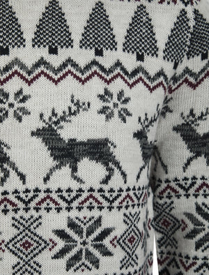 Men's Oatgrey Jacquard Nordic Fair isle Knitted Christmas Jumper in Chalk Twist - Merry Christmas