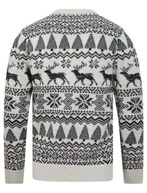 Men's Oatgrey Jacquard Nordic Fair isle Knitted Christmas Jumper in Chalk Twist - Merry Christmas
