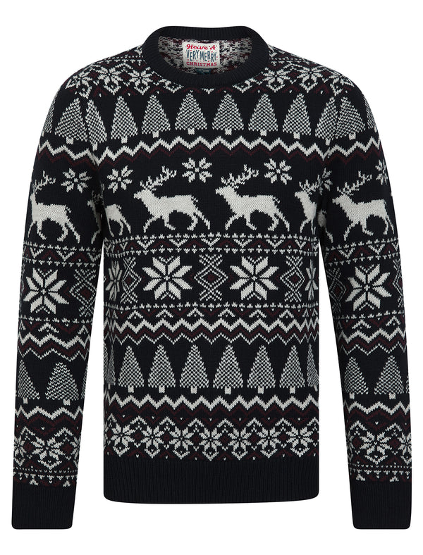 Men's Oatgrey Jacquard Nordic Fair isle Knitted Christmas Jumper in Ink - Merry Christmas