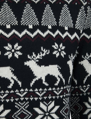 Men's Oatgrey Jacquard Nordic Fair isle Knitted Christmas Jumper in Ink - Merry Christmas