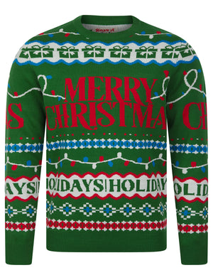 Men's Xmas Wrapping Paper Pattern Novelty Knitted Christmas Jumper in Christmas Green - Merry Christmas