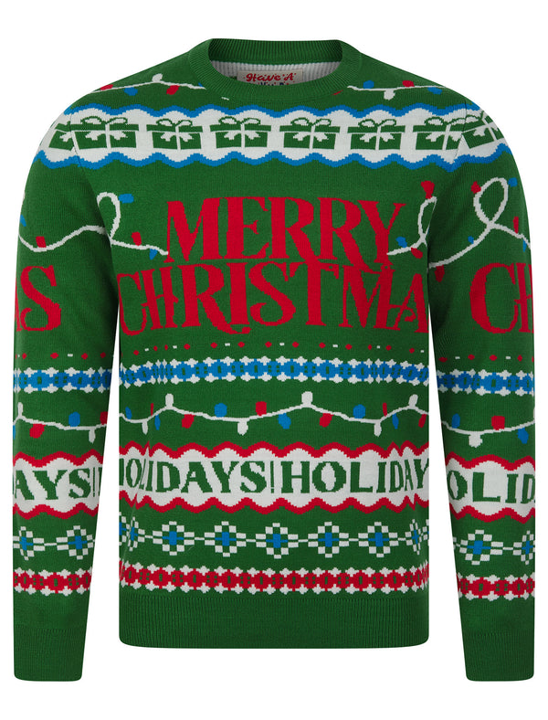 Men's Xmas Wrapping Paper Pattern Novelty Knitted Christmas Jumper in Christmas Green - Merry Christmas