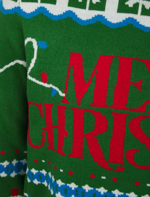 Men's Xmas Wrapping Paper Pattern Novelty Knitted Christmas Jumper in Christmas Green - Merry Christmas