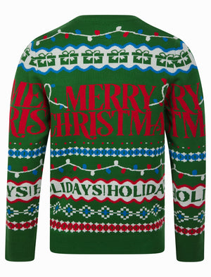 Men's Xmas Wrapping Paper Pattern Novelty Knitted Christmas Jumper in Christmas Green - Merry Christmas