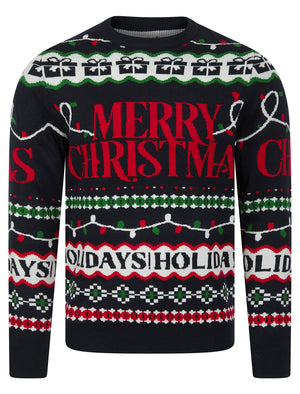 Men's Xmas Wrapping Paper Pattern Novelty Knitted Christmas Jumper in Ink - Merry Christmas