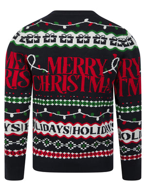 Men's Xmas Wrapping Paper Pattern Novelty Knitted Christmas Jumper in Ink - Merry Christmas