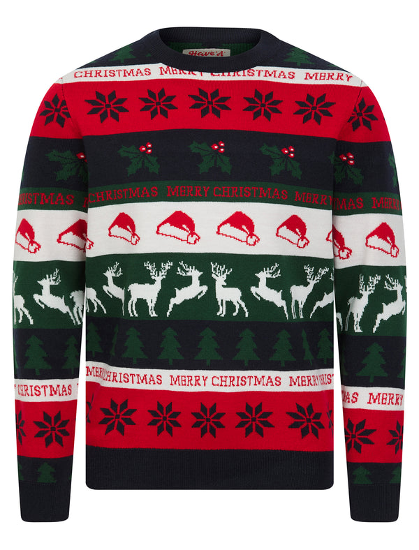 Men's Candycane Wrapping Paper Pattern Novelty Knitted Christmas Jumper in Ink - Merry Christmas