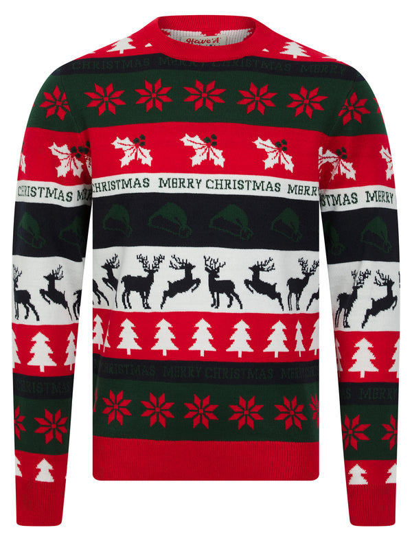 Men's Candycane Wrapping Paper Pattern Novelty Knitted Christmas Jumper in Tango Red - Merry Christmas