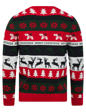 Men's Candycane Wrapping Paper Pattern Novelty Knitted Christmas Jumper in Tango Red - Merry Christmas