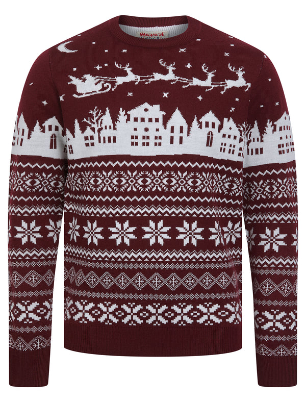 Men's Fly Jacquard Nordic Fair Isle Knitted Christmas Jumper in Claret - Merry Christmas