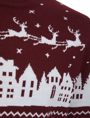 Men's Fly Jacquard Nordic Fair Isle Knitted Christmas Jumper in Claret - Merry Christmas