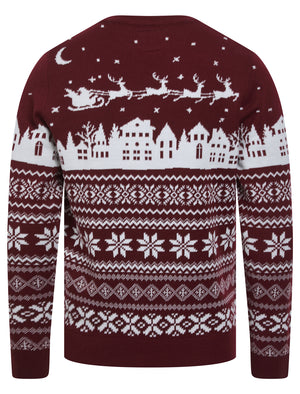 Men's Fly Jacquard Nordic Fair Isle Knitted Christmas Jumper in Claret - Merry Christmas