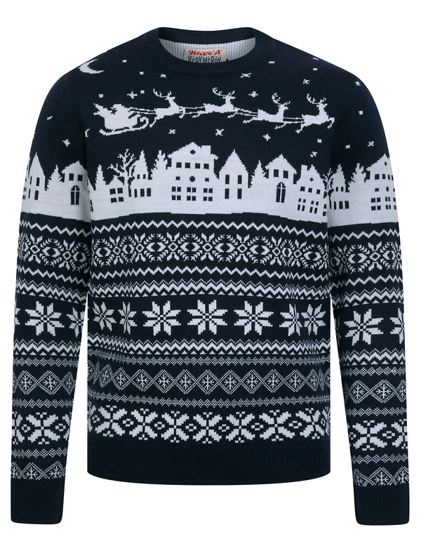 Men's Fly Jacquard Nordic Fair Isle Knitted Christmas Jumper in Ink - Merry Christmas