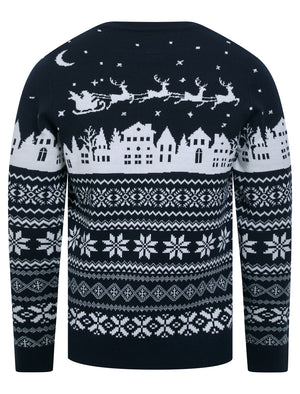 Men's Fly Jacquard Nordic Fair Isle Knitted Christmas Jumper in Ink - Merry Christmas