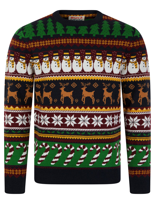 Men's Vintage Wrapping Paper Pattern Novelty Knitted Christmas Jumper in Ink - Merry Christmas