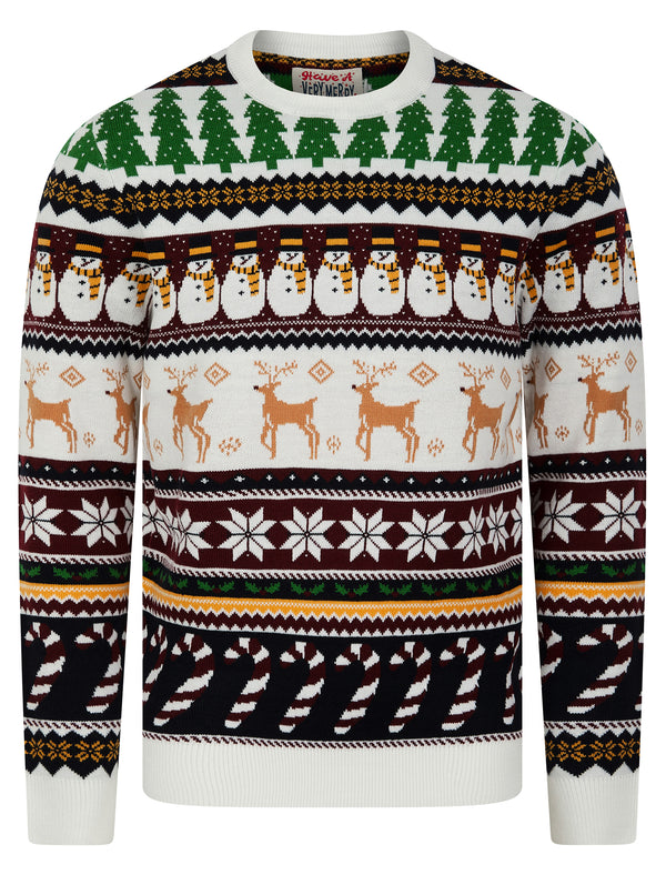 Men's Vintage Wrapping Paper Pattern Novelty Knitted Christmas Jumper in Laundered Ecru - Merry Christmas