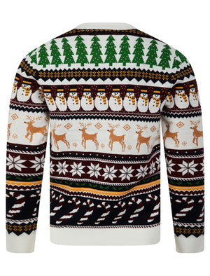 Men's Vintage Wrapping Paper Pattern Novelty Knitted Christmas Jumper in Laundered Ecru - Merry Christmas