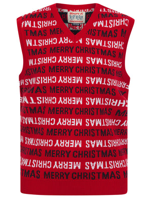Men's Festives Novelty Motif Knitted V-Neck Sleeveless Christmas Tank Top in George Red - Merry Christmas